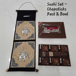 Sushi Set of 6 Gift Boxed - Siamese Rose Wood Chopstick, Rest, & Ginger Bowl
